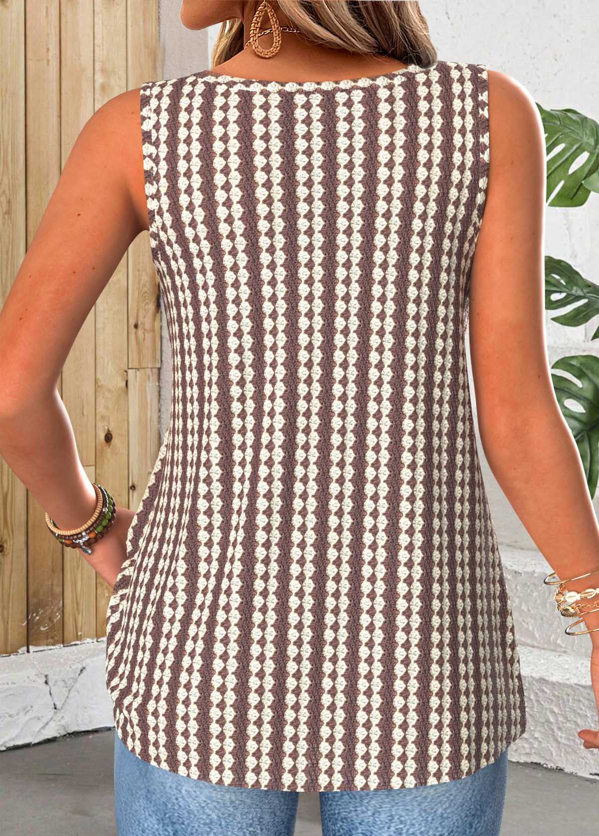 Dark Coffee Button Sleeveless V Neck Tank Top | picture 