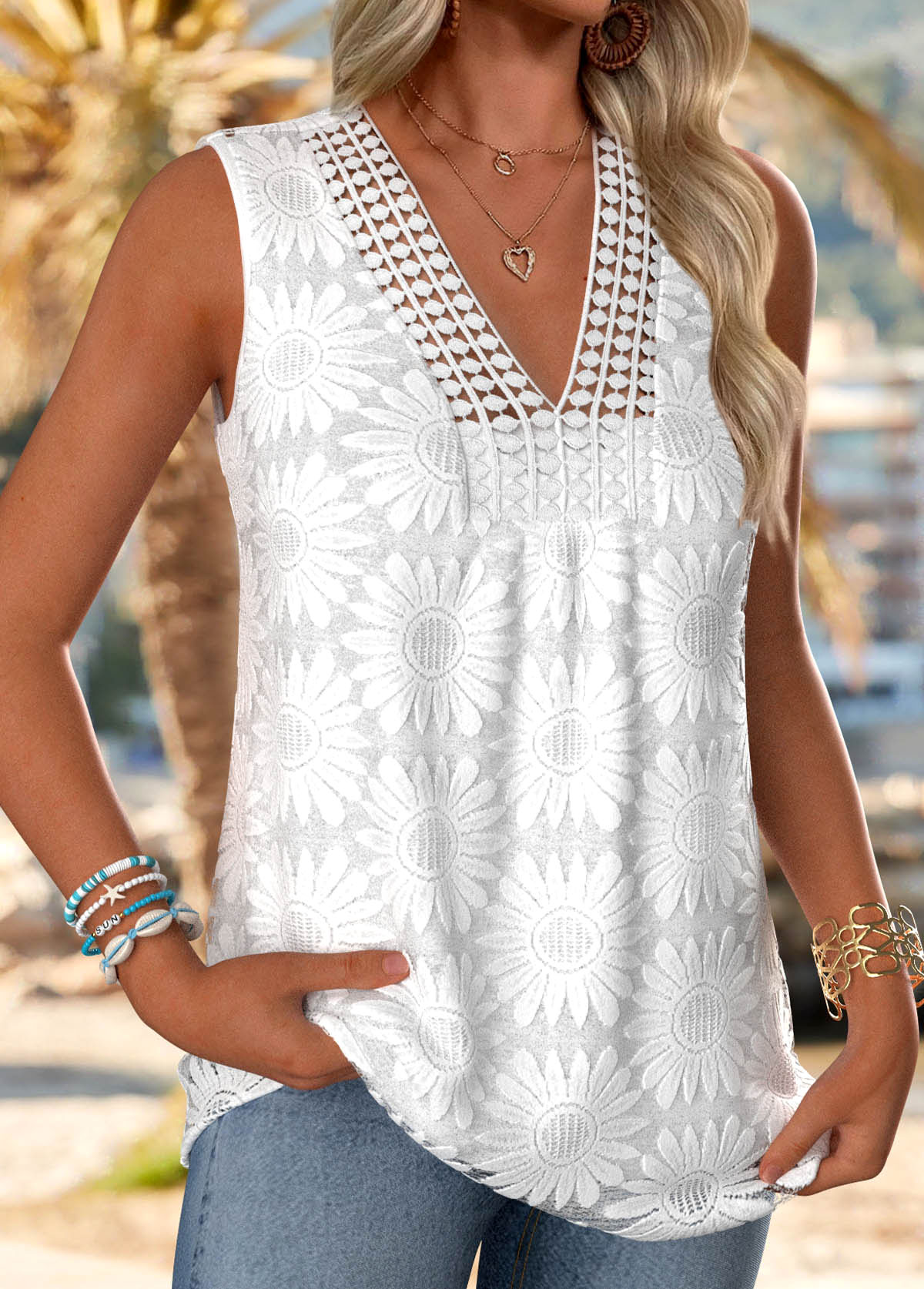 White Tummy Coverage Sleeveless V Neck Tank Top | picture 