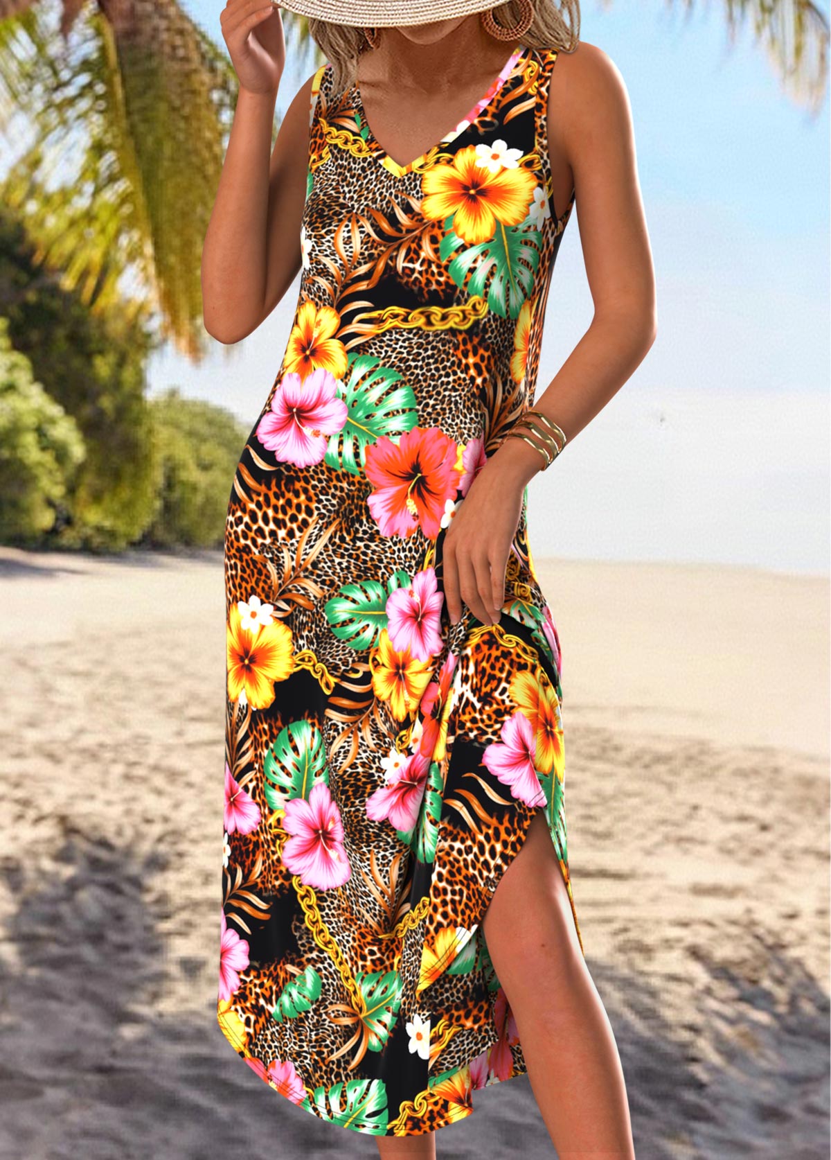 Multi Color Tummy Coverage Floral Print Sleeveless Dress | picture 