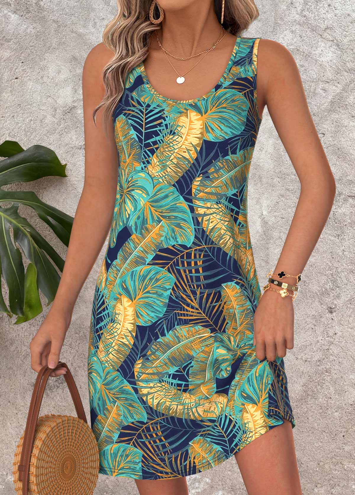 Multi Color Tummy Coverage Leaf Print Short Sleeveless Dress | picture 