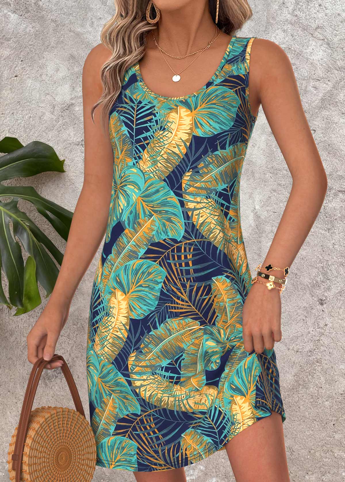Multi Color Tummy Coverage Leaf Print Short Sleeveless Dress | picture 