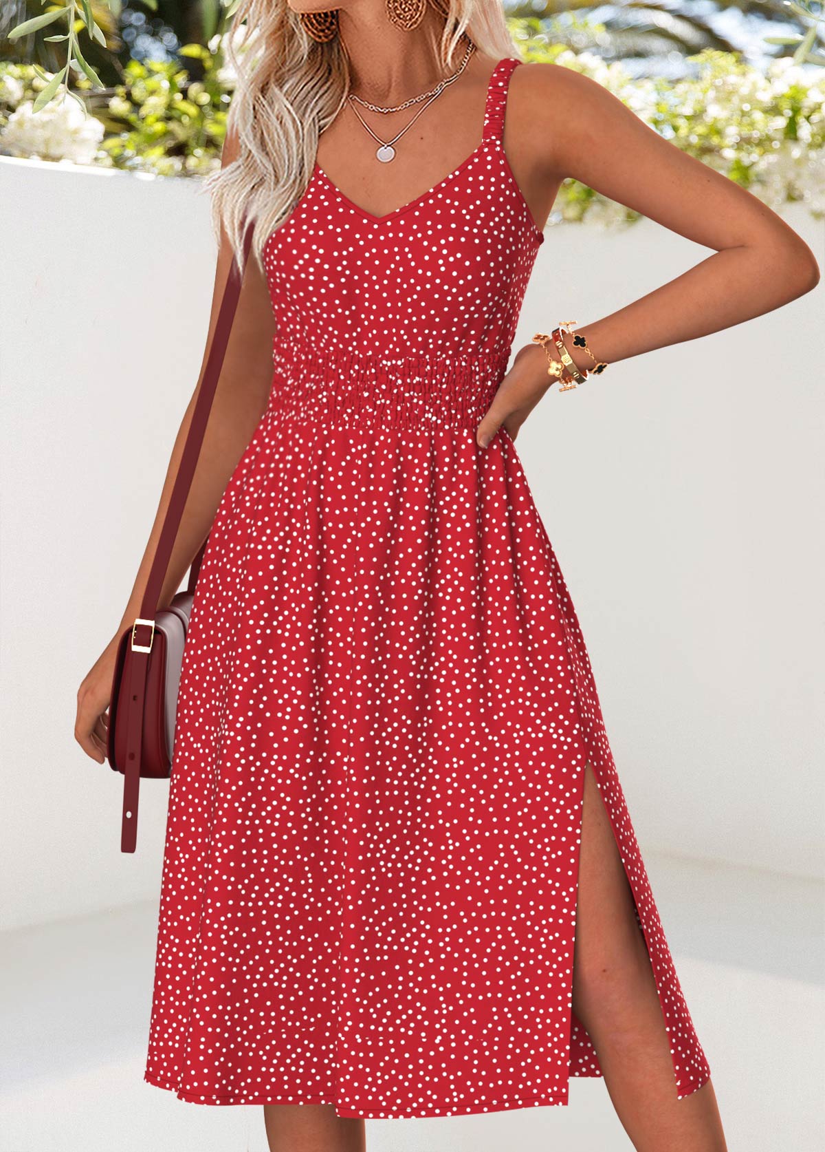 Red Tummy Coverage Polka Dot Strappy V Neck Dress | picture 