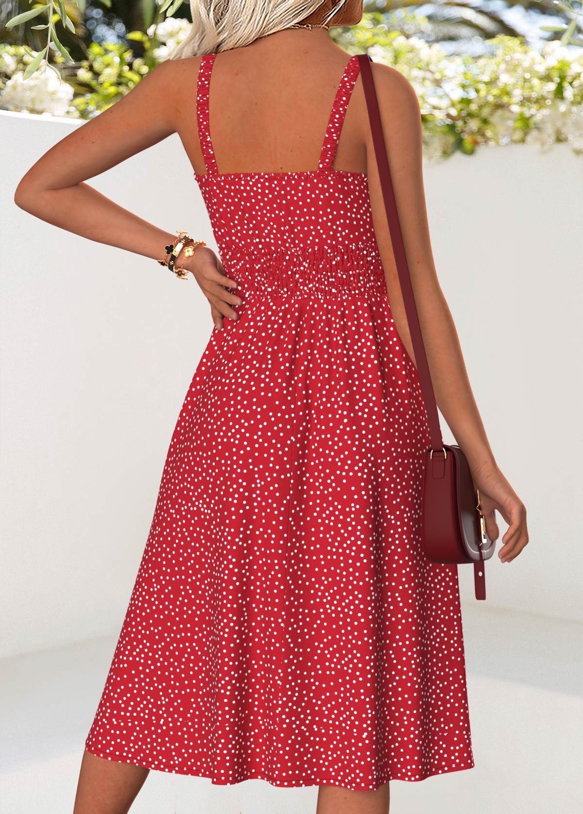 Red Tummy Coverage Polka Dot Strappy V Neck Dress | picture 
