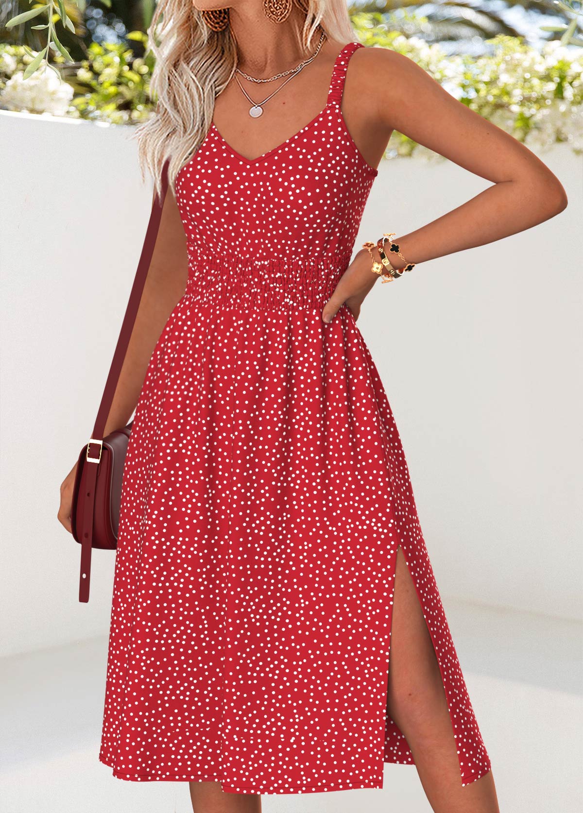 Red Tummy Coverage Polka Dot Strappy V Neck Dress | picture 