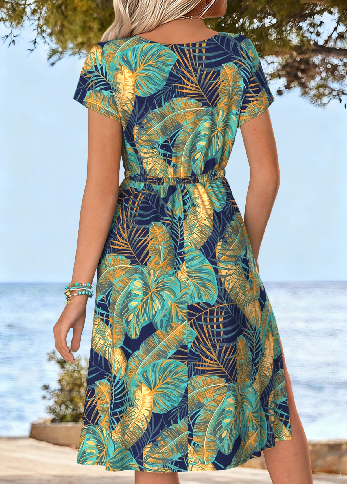 Multi Color Tummy Coverage Leaf Print Short Sleeve Dress | picture 