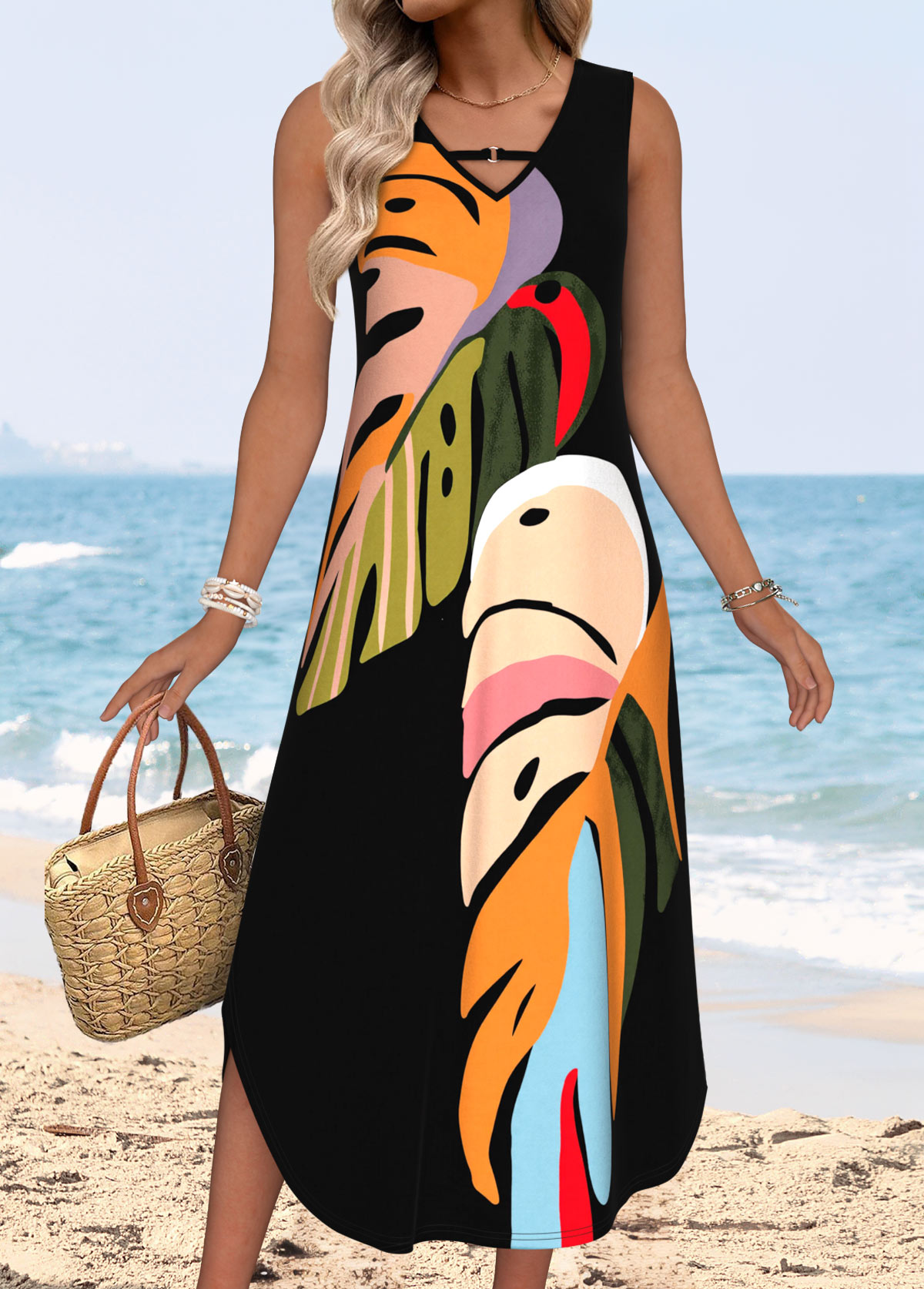 Black Tummy Coverage Leaf Print Sleeveless V Neck Dress | picture 