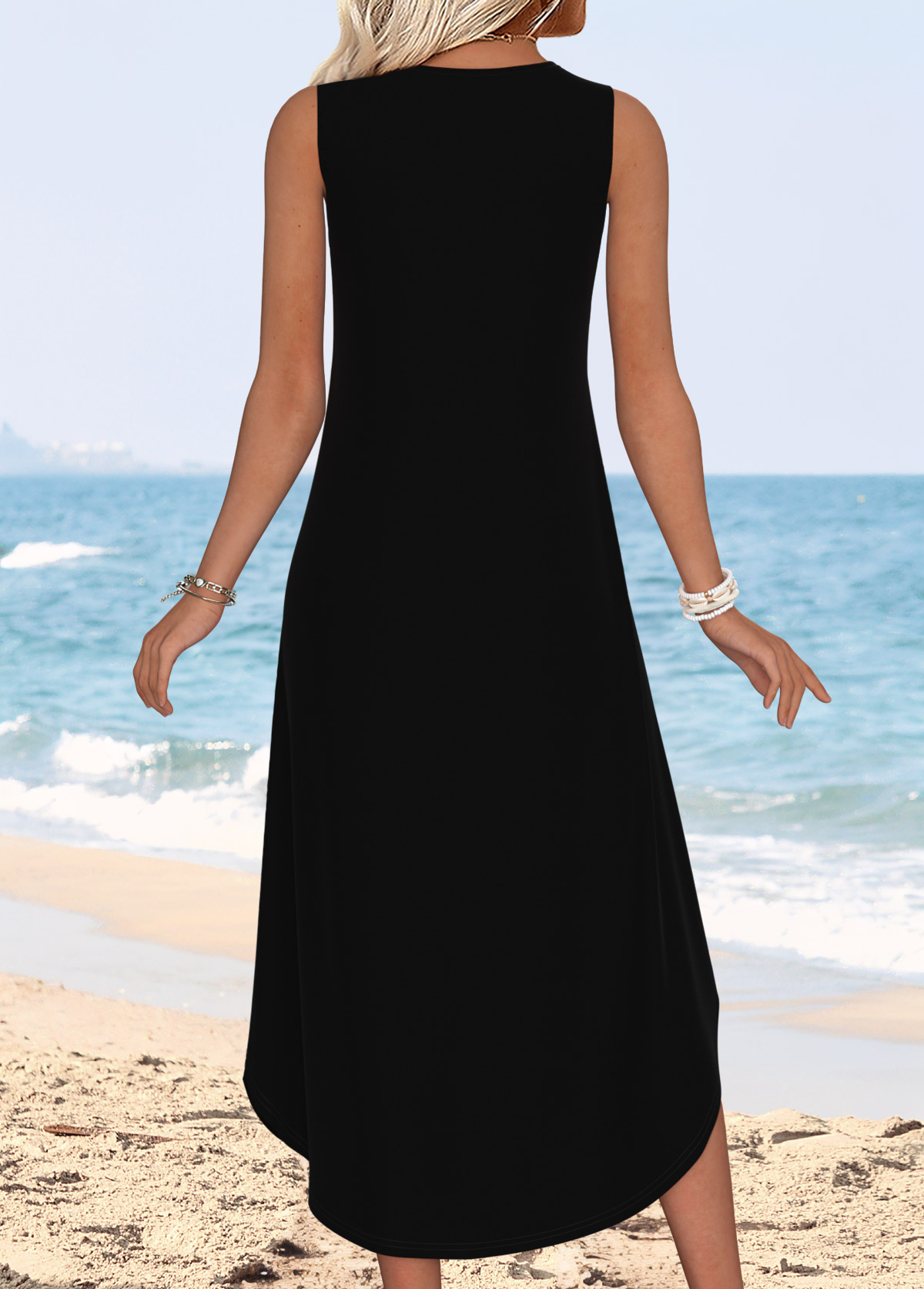 Black Tummy Coverage Leaf Print Sleeveless V Neck Dress | picture 