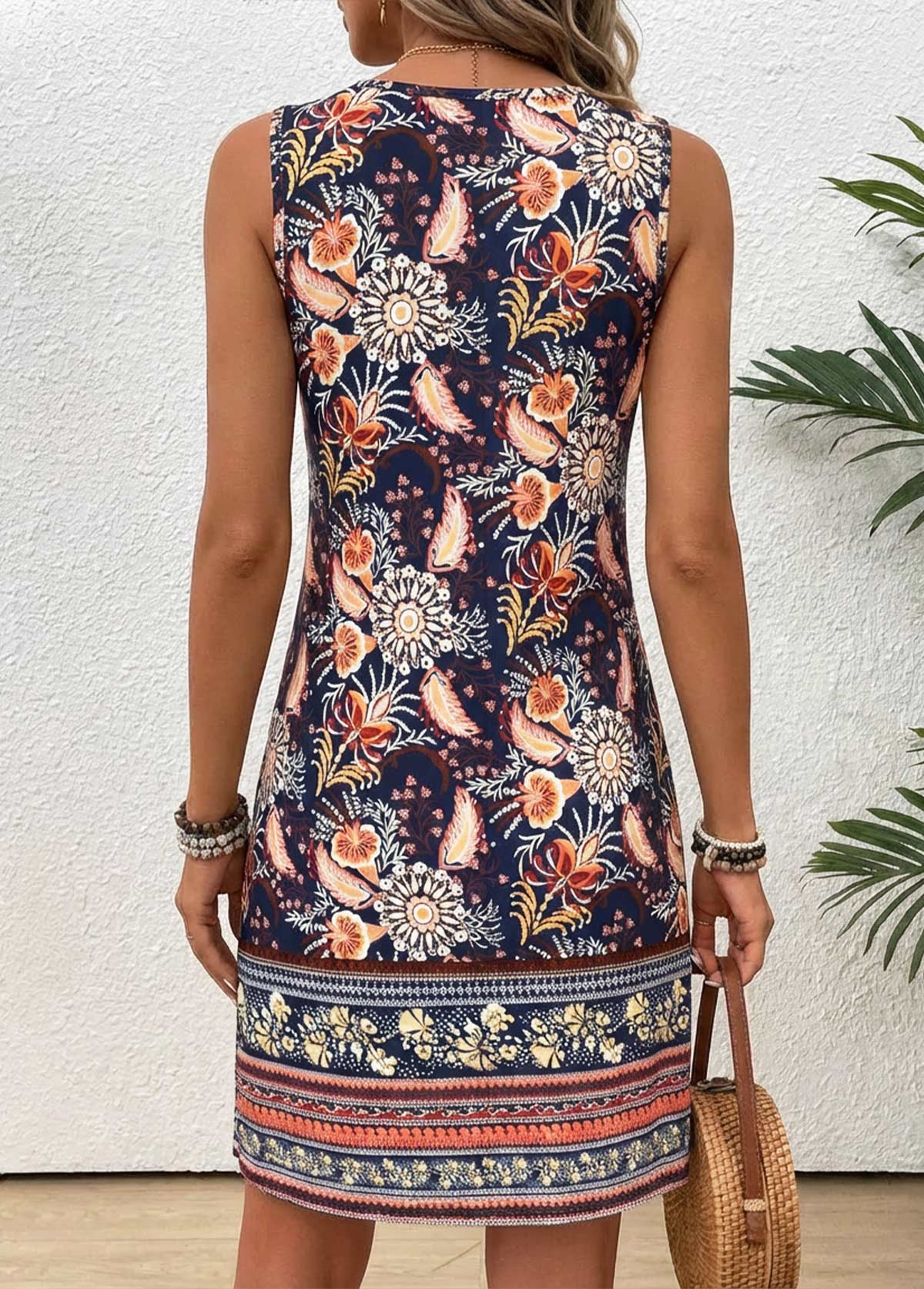 Multi Color Tummy Coverage Tribal Print Short Sleeveless Dress | picture 