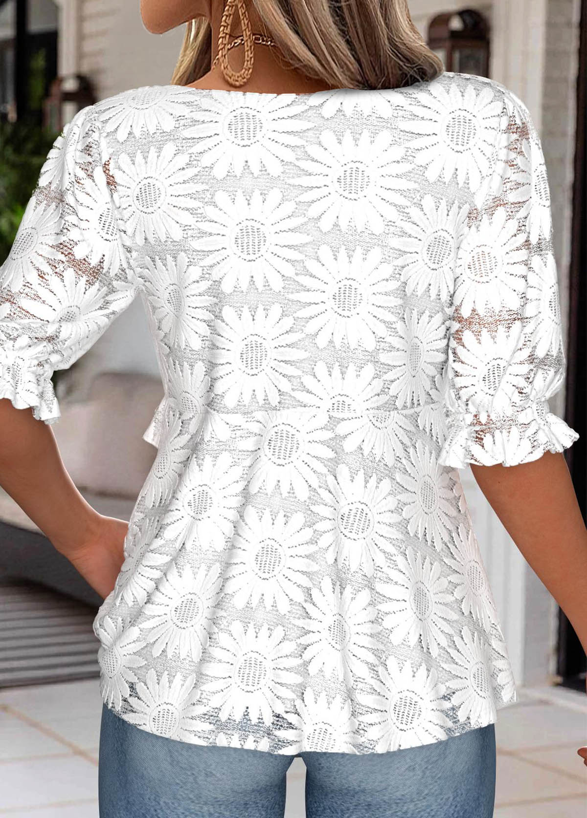 White Peplum Half Sleeve V Neck Blouse | picture 