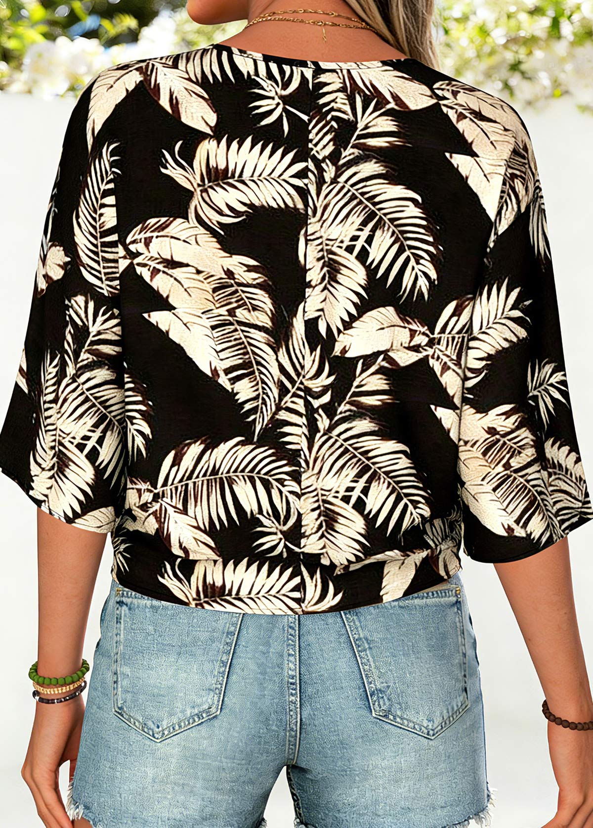 Black Leaf Print Half Sleeve V Neck Blouse | picture 