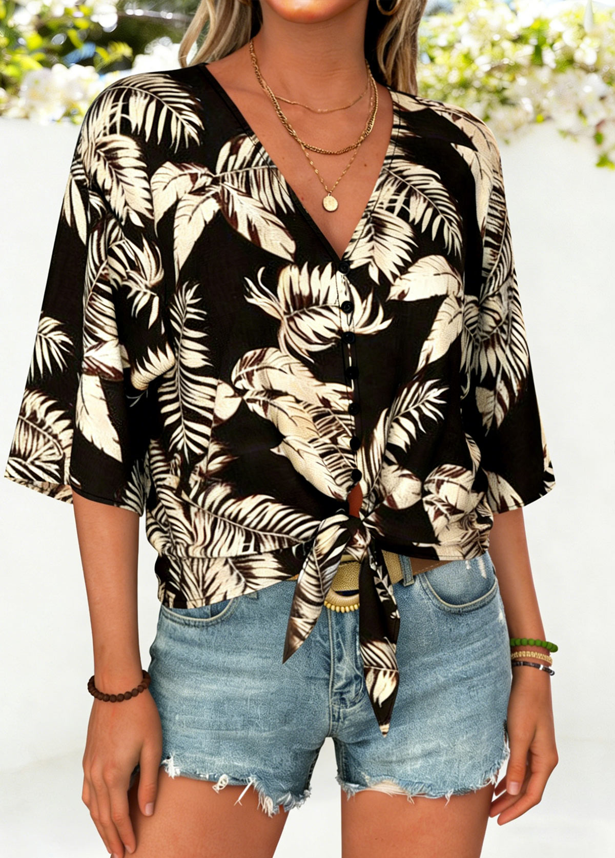 Black Leaf Print Half Sleeve V Neck Blouse | picture 
