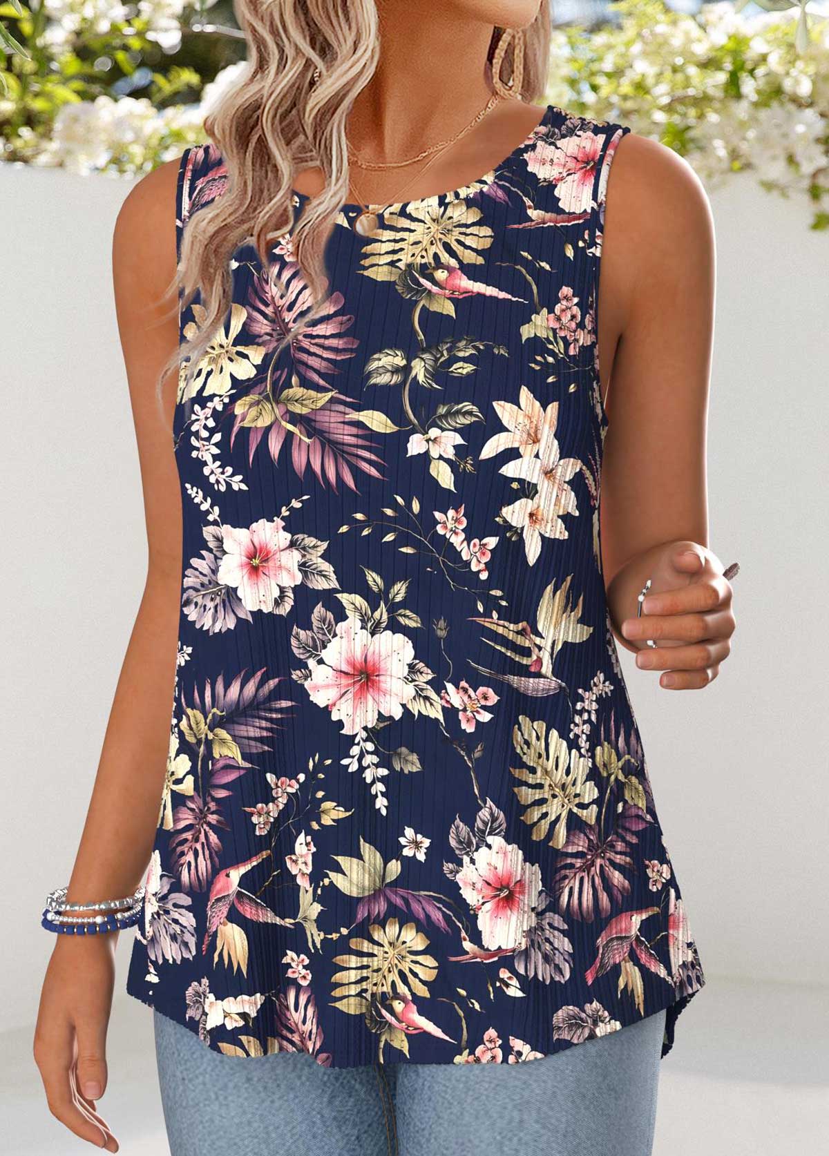 Navy Tummy Coverage Floral Print Sleeveless Tank Top | picture 