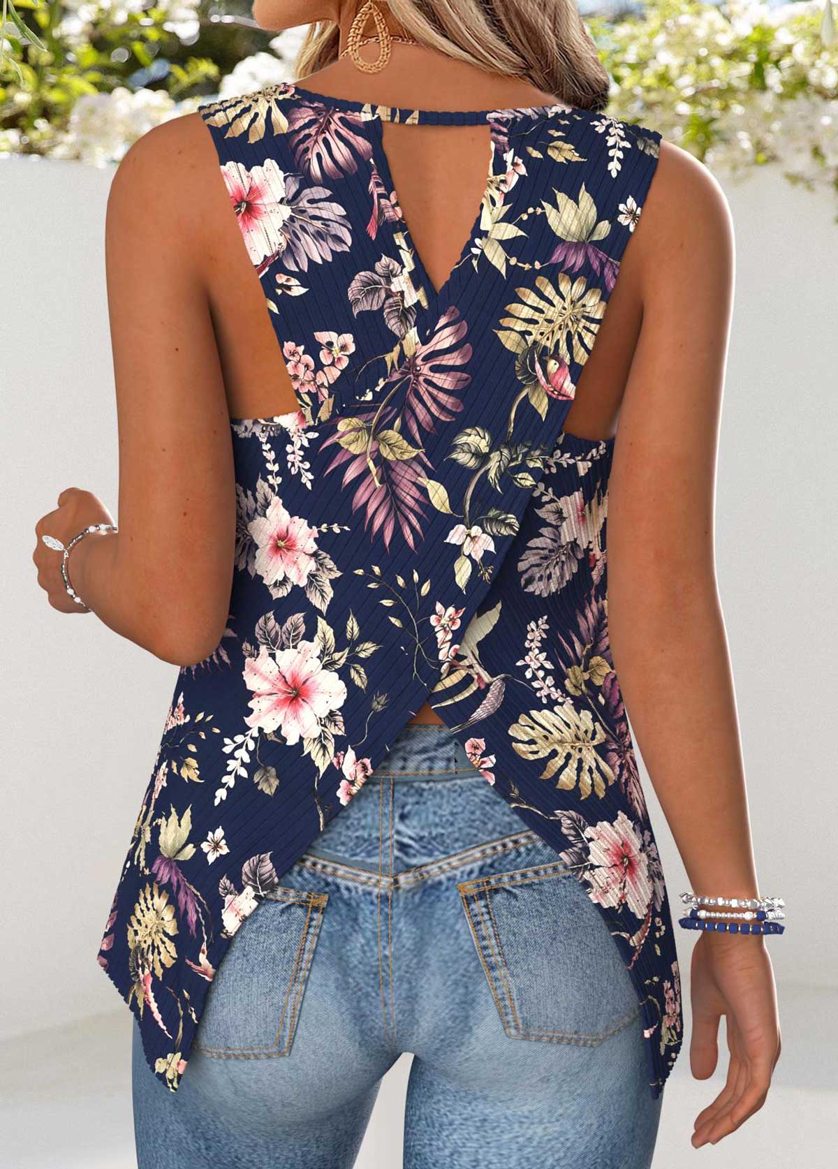 Navy Tummy Coverage Floral Print Sleeveless Tank Top | picture 