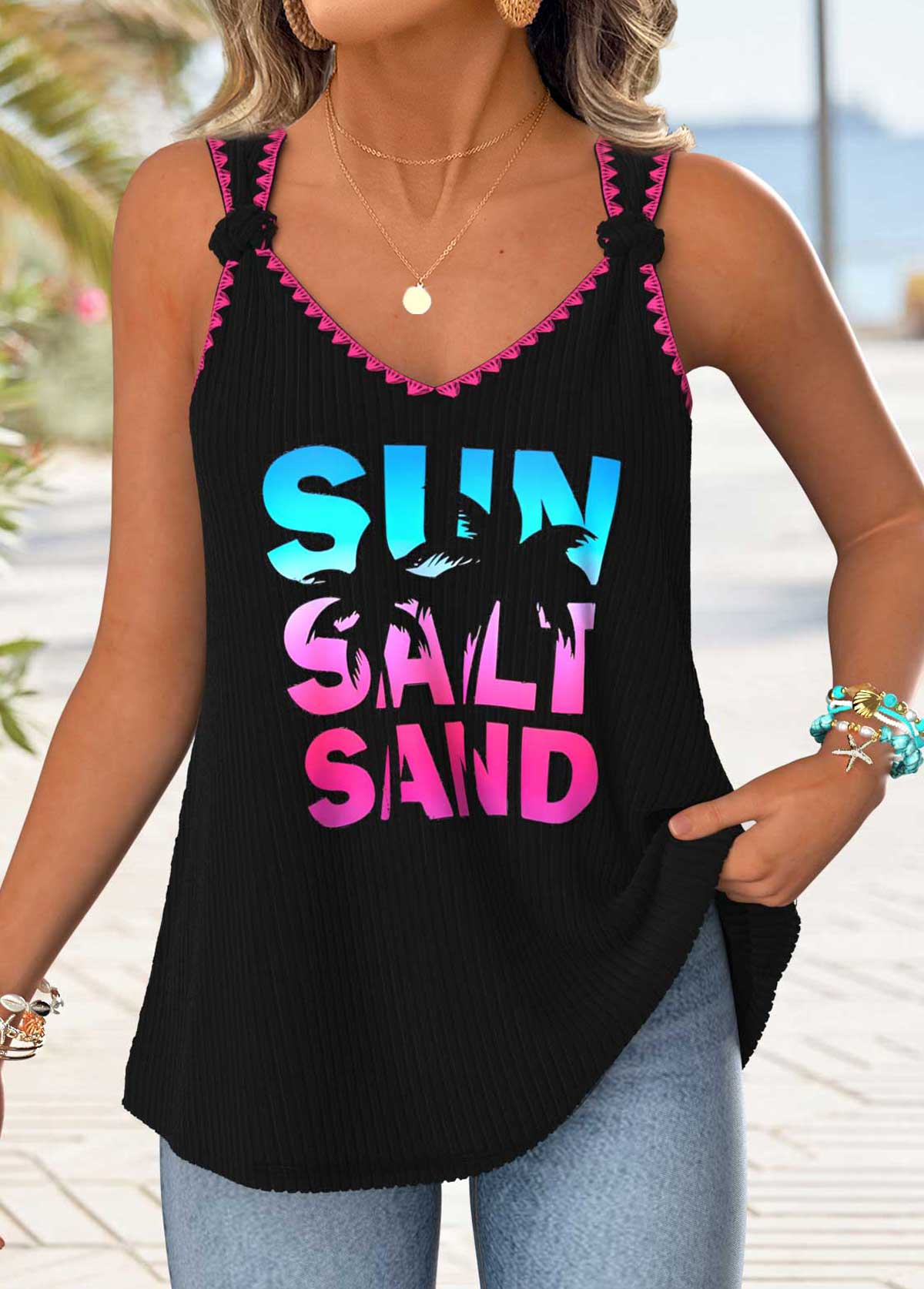 Black Tummy Coverage Letter Print Strappy Tank Top | picture 