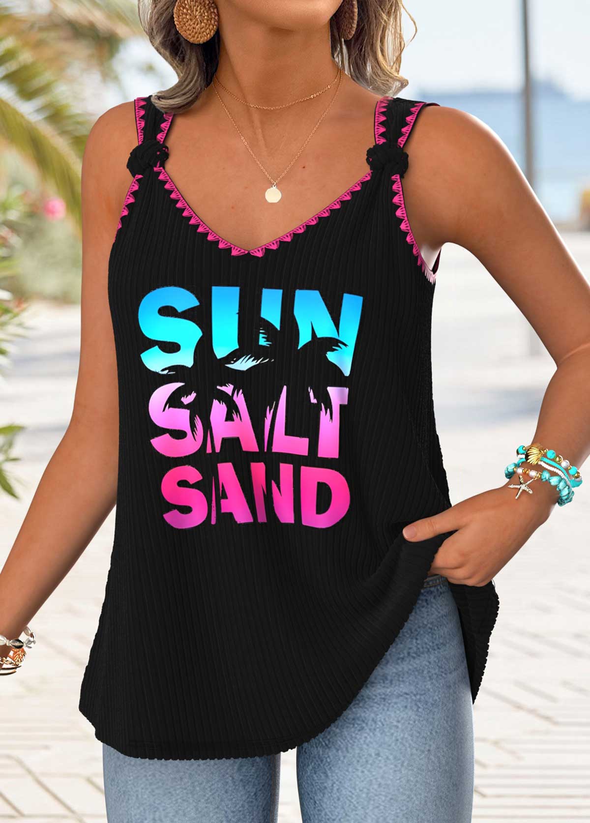 Black Tummy Coverage Letter Print Strappy Tank Top | picture 