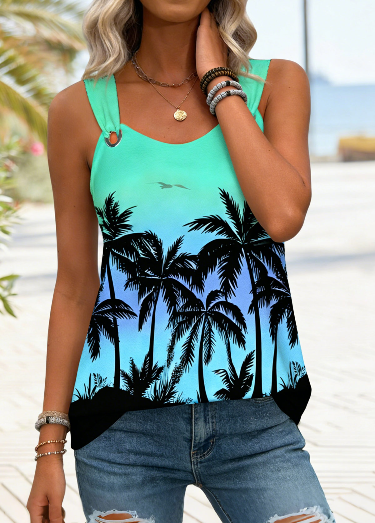 Cyan Tummy Coverage Tropical Plants Print Sleeveless Tank Top | picture 