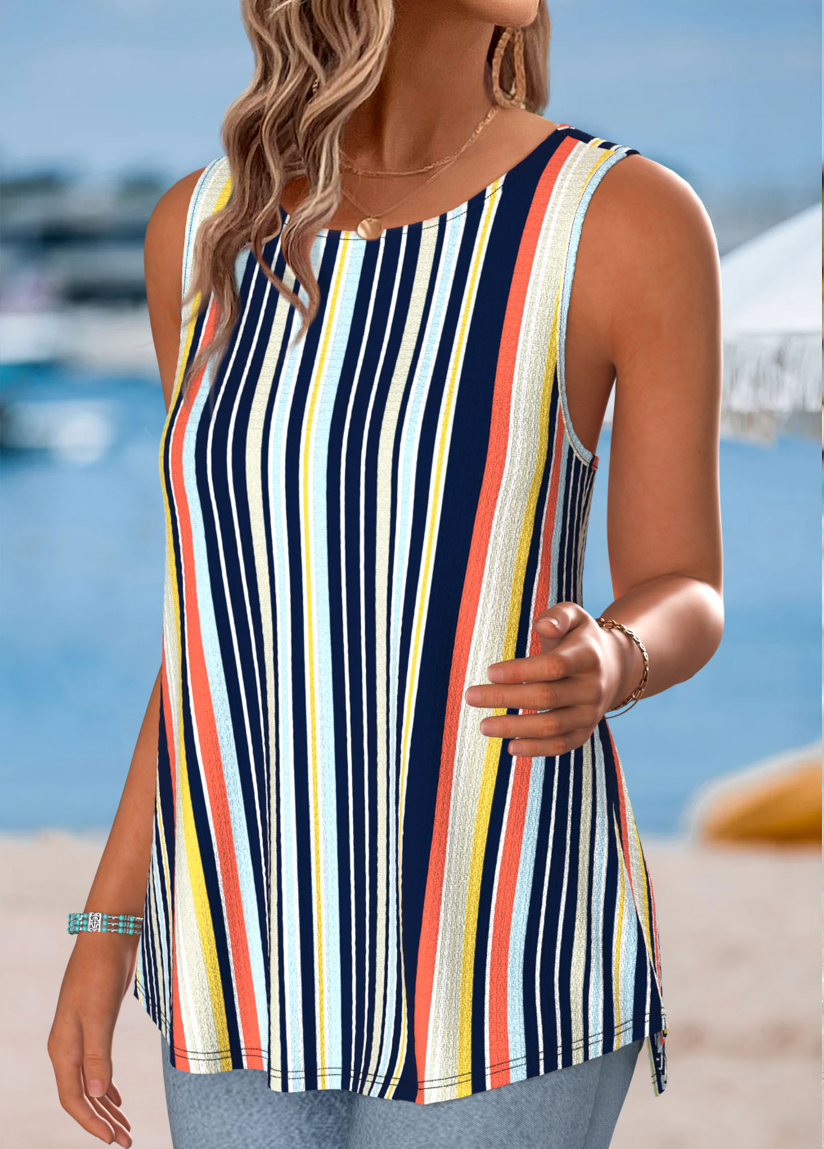 Multi Color Tummy Coverage Striped Sleeveless Tank Top | picture 