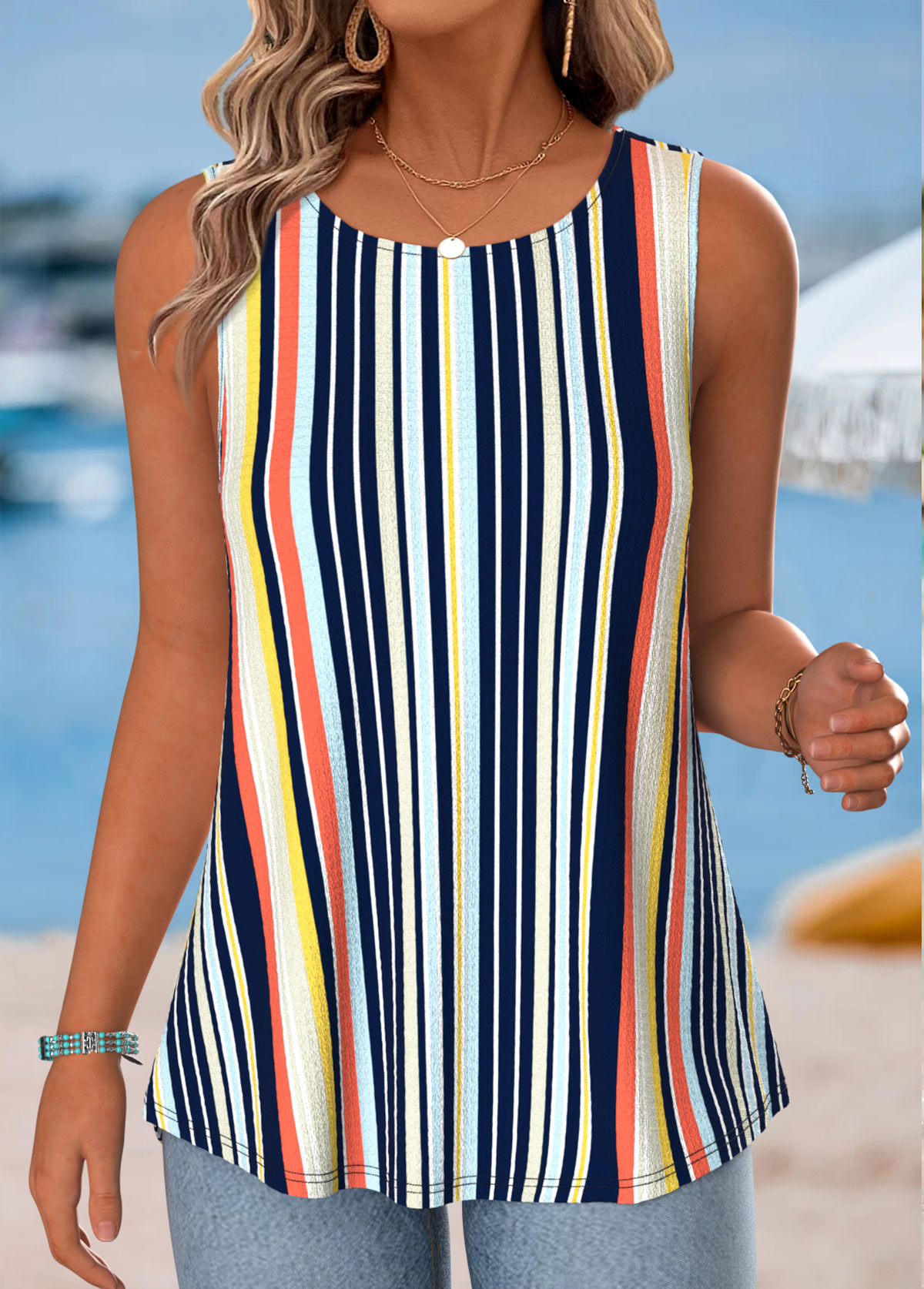 Multi Color Tummy Coverage Striped Sleeveless Tank Top | picture 
