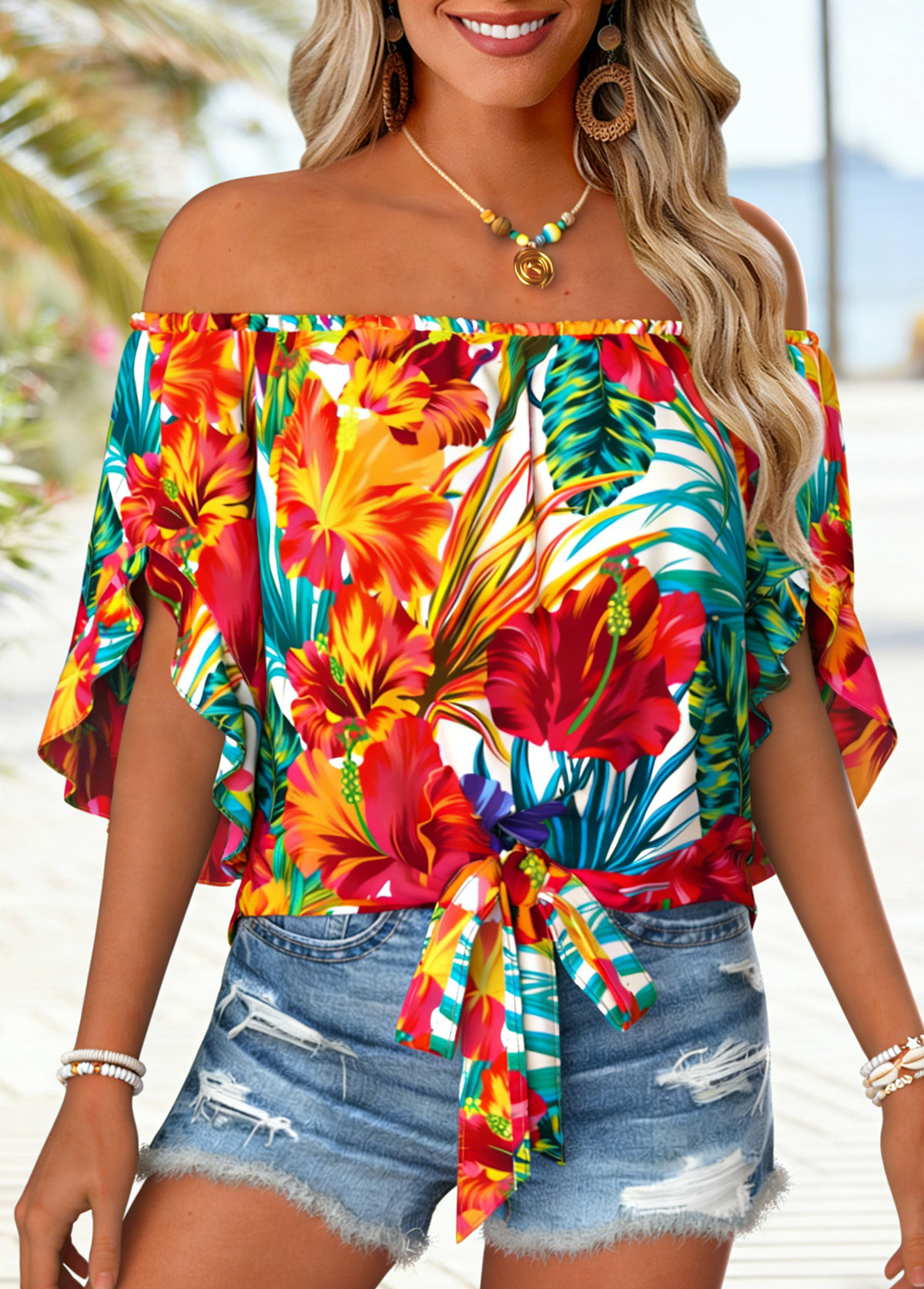 Multi Color Tie Floral Print Half Sleeve Blouse | picture 