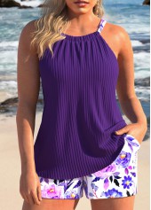 Ruched Floral Print Dark Purple Tankini Set