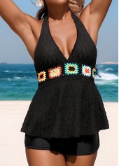 Tummy Coverage Mid Waisted Floral Print Black Tankini Set