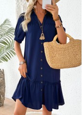Navy Patchwork Half Sleeve Shirt Collar Dress