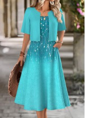 Mint Green Tummy Coverage Leaf Print Dress and Cardigan