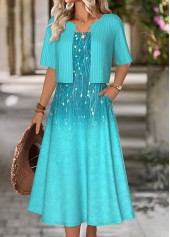 Mint Green Tummy Coverage Leaf Print Dress and Cardigan | thumb picture 