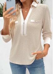 Light Camel Tummy Coverage Long Sleeve V Neck Blouse | thumb picture 