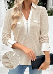 Light Camel Tummy Coverage Long Sleeve V Neck Blouse