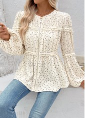 Beige Peplum Ditsy Floral Print Long Sleeve Blouse