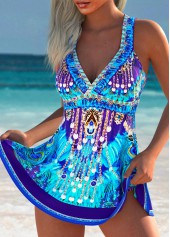 High Waisted Tribal Print Purplish Blue Tankini Set