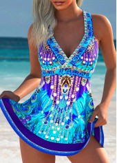 High Waisted Tribal Print Purplish Blue Tankini Set | thumb picture 