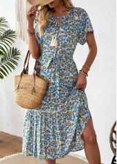 Blue Ditsy Floral Print Patchwork Belted Short Sleeve Dress