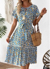 Blue Ditsy Floral Print Patchwork Belted Short Sleeve Dress | thumb picture 