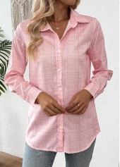 Pink Curved Hem Plaid Long Sleeve Shirt | thumb picture 