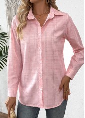 Pink Curved Hem Plaid Long Sleeve Shirt | thumb picture 