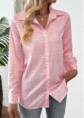 Pink Curved Hem Plaid Long Sleeve Shirt