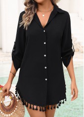 Patchwork Curved Hem Tassel Black Cover Up | thumb picture 