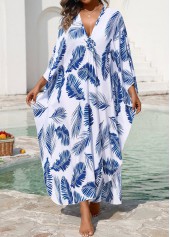 Pull On Leaf Print Blue Cover Up