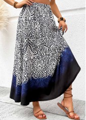 Navy Tribal Print A Line Elastic Waist Maxi Skirt