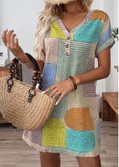 Multi Color Patchwork Geometric Print Short V Neck Dress