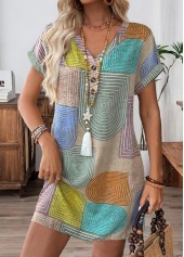 Multi Color Patchwork Geometric Print Short V Neck Dress | thumb picture 