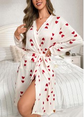 Beige Heart Print Belted Long Sleeve V Neck Robe | thumb picture 