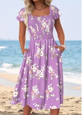 Light Purple Tummy Coverage Floral Print Belted Dress