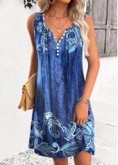 Denim Blue Tummy Coverage Paisley Print Short Sleeveless Dress