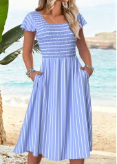 Light Blue Tummy Coverage Striped Short Sleeve Dress