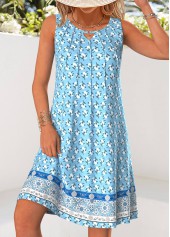 Light Blue Tummy Coverage Floral Print Sleeveless Dress