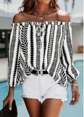 Black Tummy Coverage Striped Bracelet Sleeve Off Shoulder Blouse