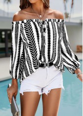 Black Tummy Coverage Striped Bracelet Sleeve Off Shoulder Blouse | thumb picture 